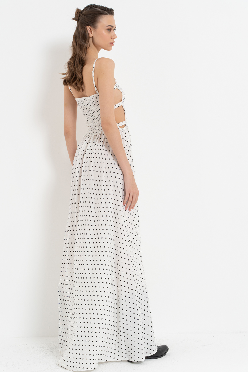 Offwihte & Siyah Pencere Detaylı Puantiyeli Elbise