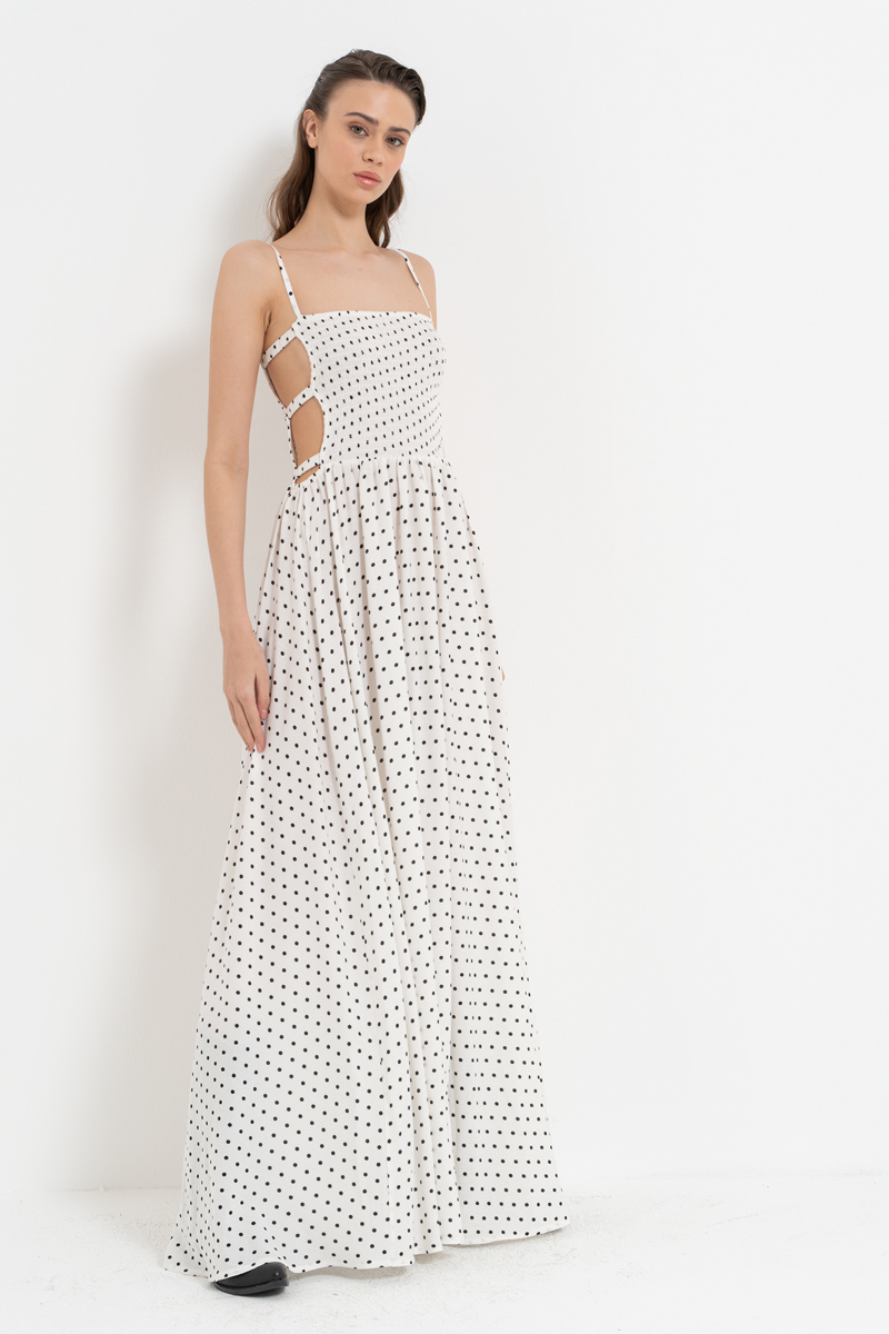 Offwihte & Siyah Pencere Detaylı Puantiyeli Elbise