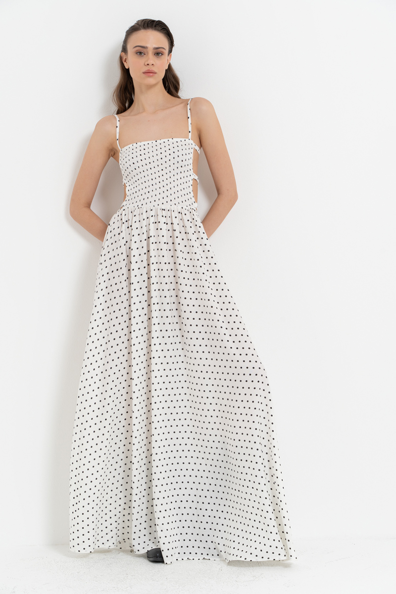 Offwihte & Siyah Pencere Detaylı Puantiyeli Elbise