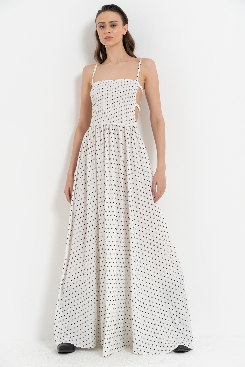 Offwihte & Siyah Pencere Detaylı Puantiyeli Elbise