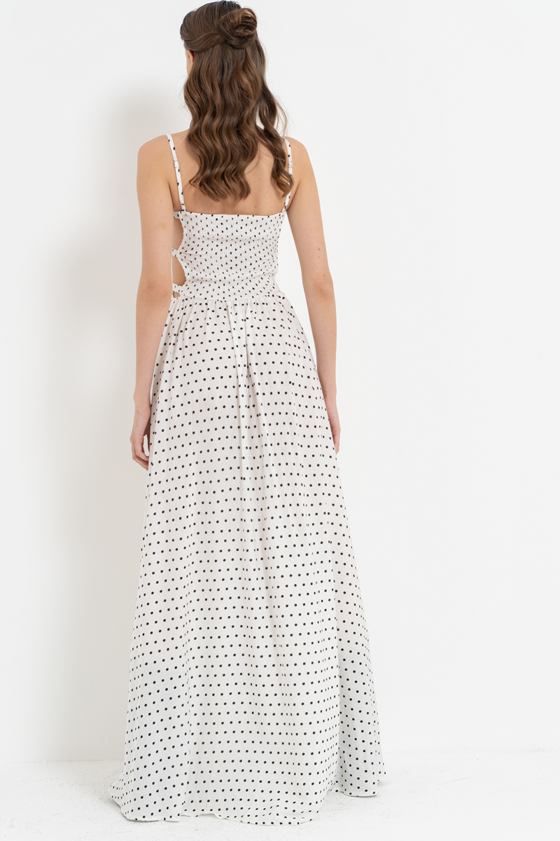 Offwihte & Siyah Pencere Detaylı Puantiyeli Elbise