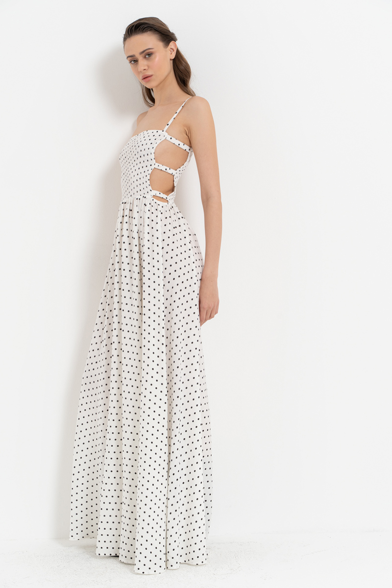 Offwihte & Siyah Pencere Detaylı Puantiyeli Elbise