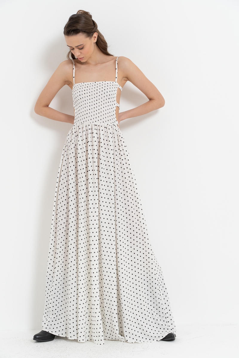 Offwihte & Siyah Pencere Detaylı Puantiyeli Elbise