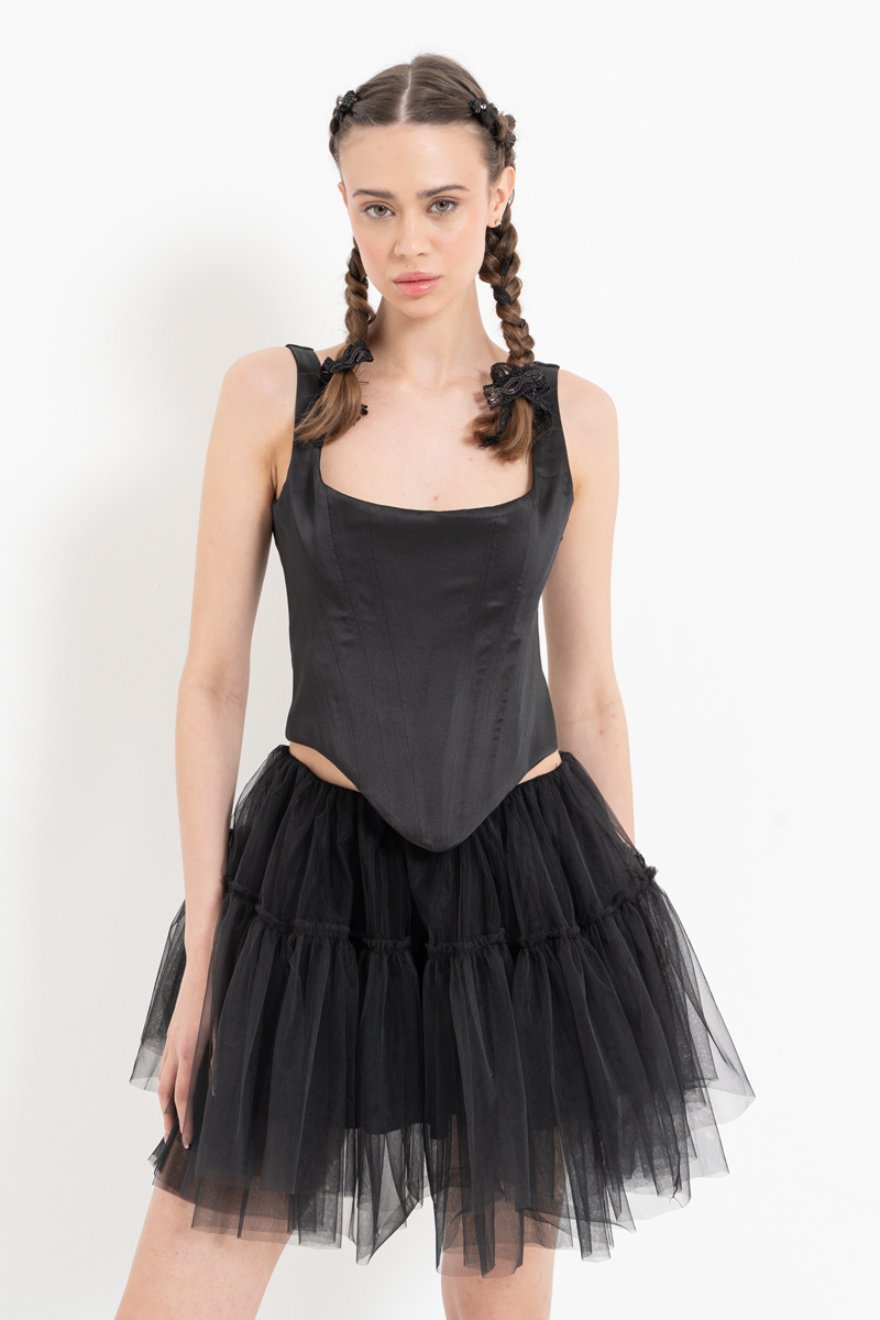 Siyah Kare Yaka Saten Büstiyer