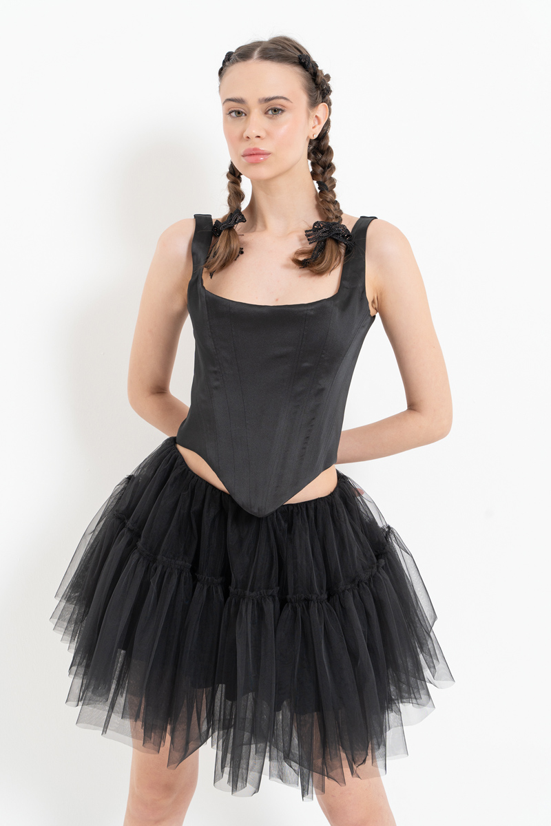 Siyah Kare Yaka Saten Büstiyer