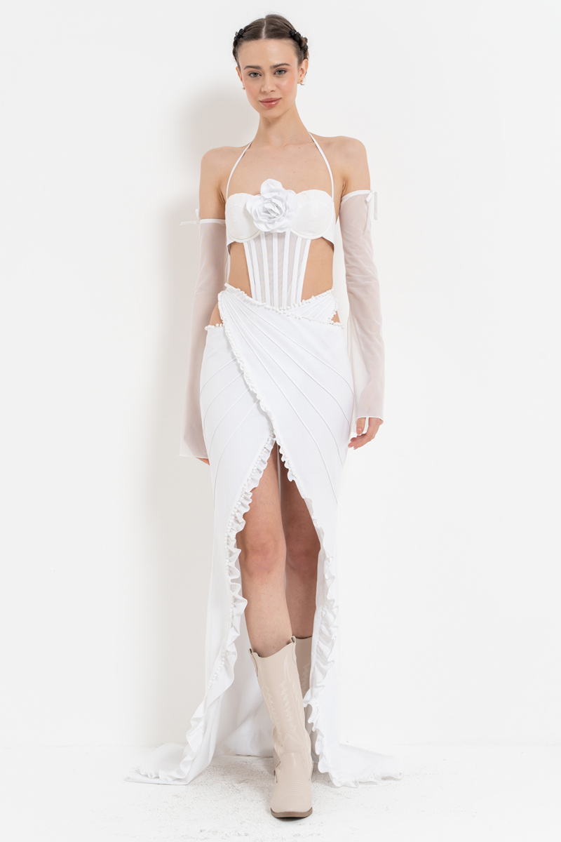 Off white Bağlama Detaylı G-String Bodysuit & Eldiven & Etek Takım