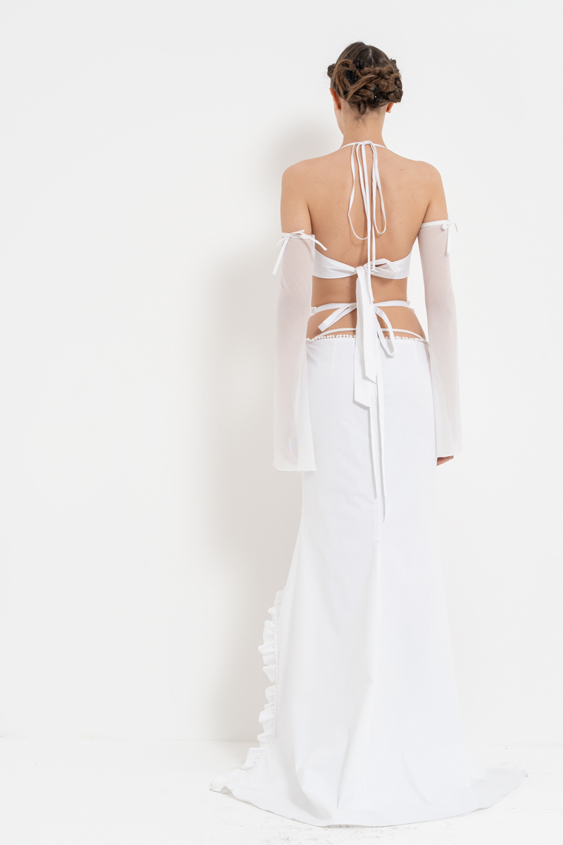 Off white Bağlama Detaylı G-String Bodysuit & Eldiven & Etek Takım