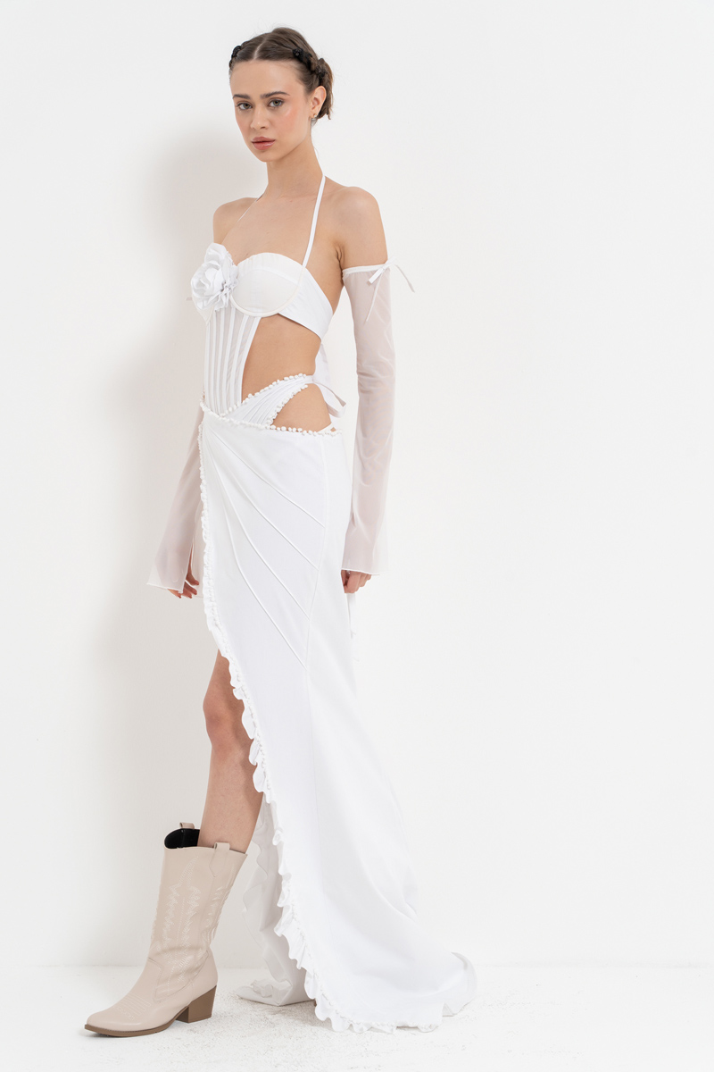 Off white Bağlama Detaylı G-String Bodysuit & Eldiven & Etek Takım