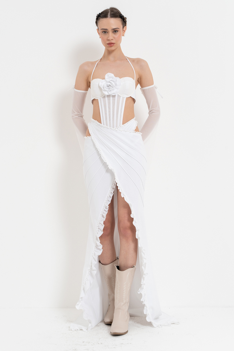 Off white Bağlama Detaylı G-String Bodysuit & Eldiven & Etek Takım