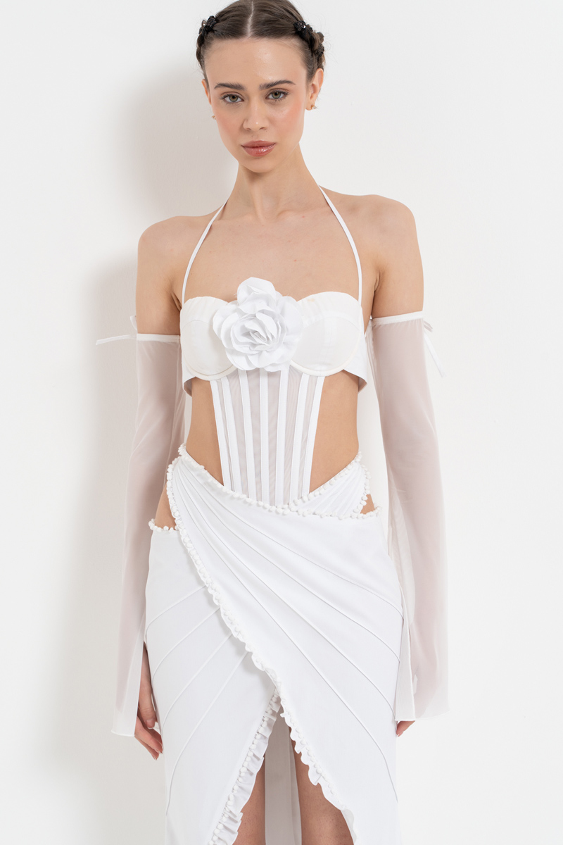 Off white Bağlama Detaylı G-String Bodysuit & Eldiven & Etek Takım