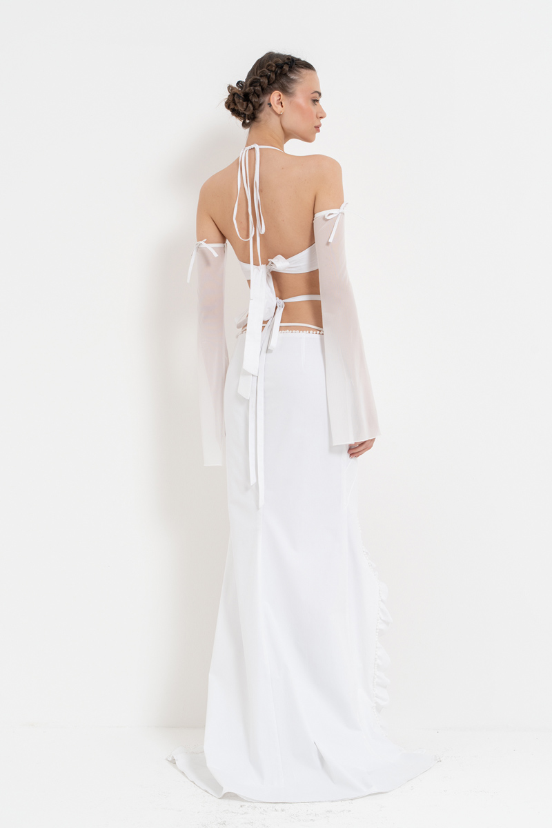 Off white Bağlama Detaylı G-String Bodysuit & Eldiven & Etek Takım