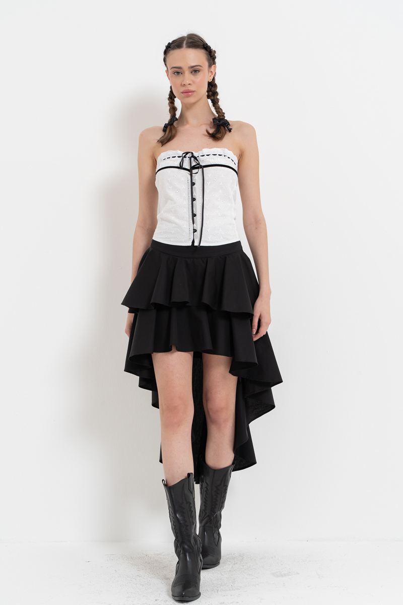 Siyah Önü Kısa Arkası Uzun Volanlı Poplin Etek