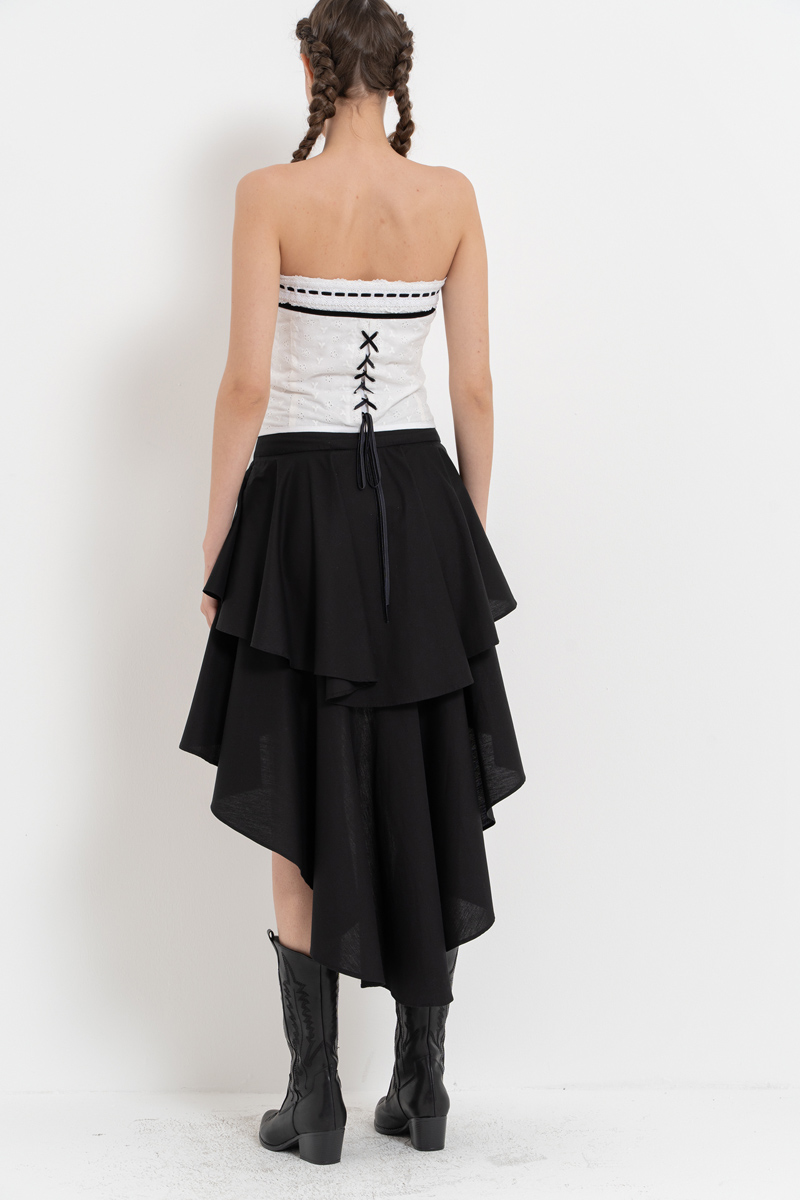 Siyah Önü Kısa Arkası Uzun Volanlı Poplin Etek