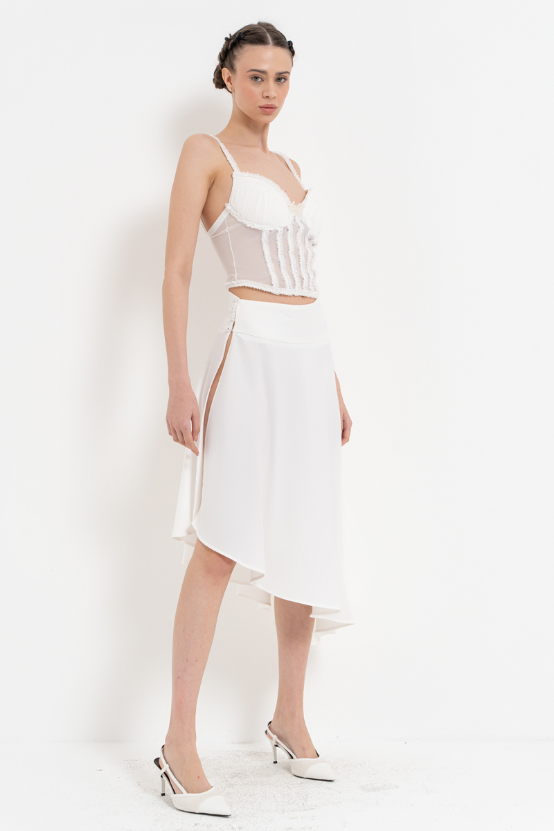 Off white Yanı Düğme Detaylı Saten Etek