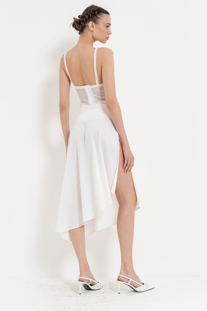 Off white Yanı Düğme Detaylı Saten Etek