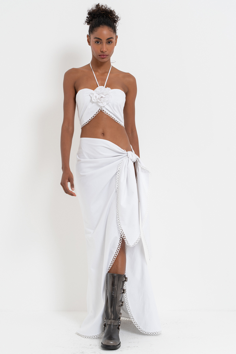 Off white Gül Detaylı Büstiyer & Bağlama Detaylı Etek Takım