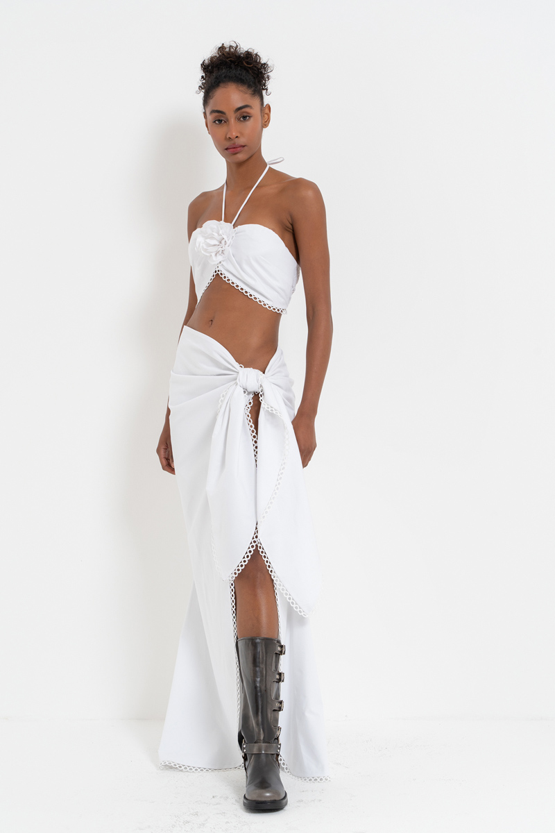 Off white Gül Detaylı Büstiyer & Bağlama Detaylı Etek Takım