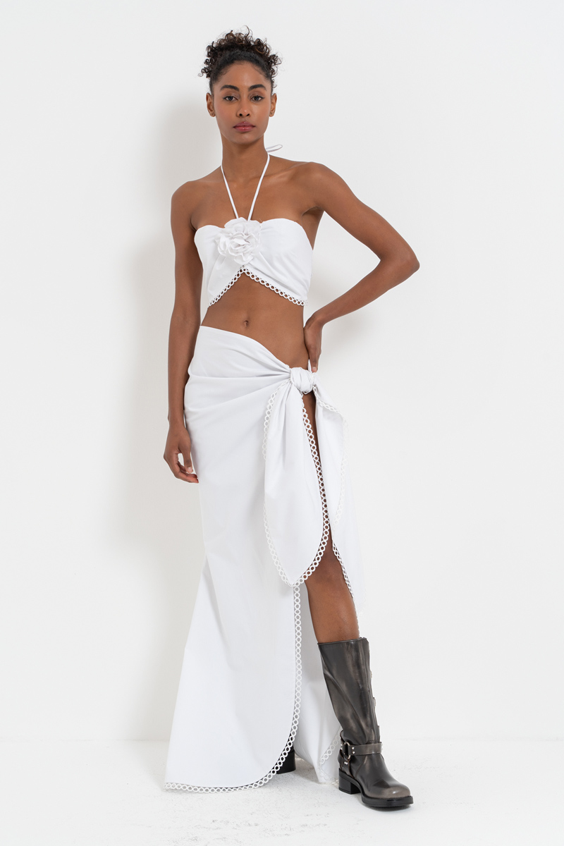 Off white Gül Detaylı Büstiyer & Bağlama Detaylı Etek Takım