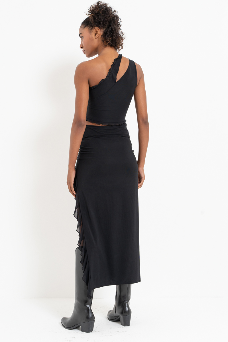 Black One-Shoulder Mesh Top & Split-Leg Skirt Set