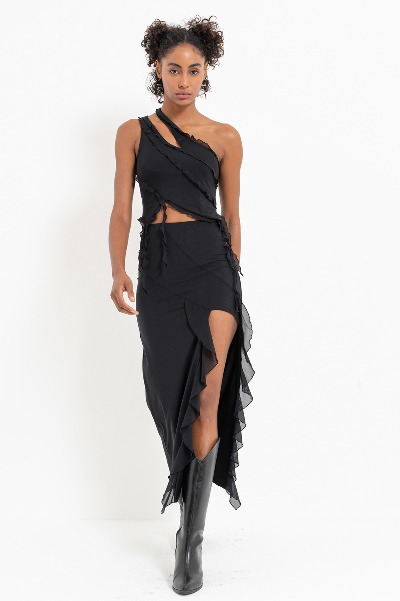 Black One-Shoulder Mesh Top & Split-Leg Skirt Set