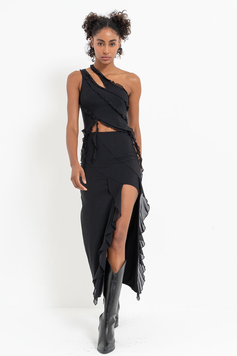 Black One-Shoulder Mesh Top & Split-Leg Skirt Set