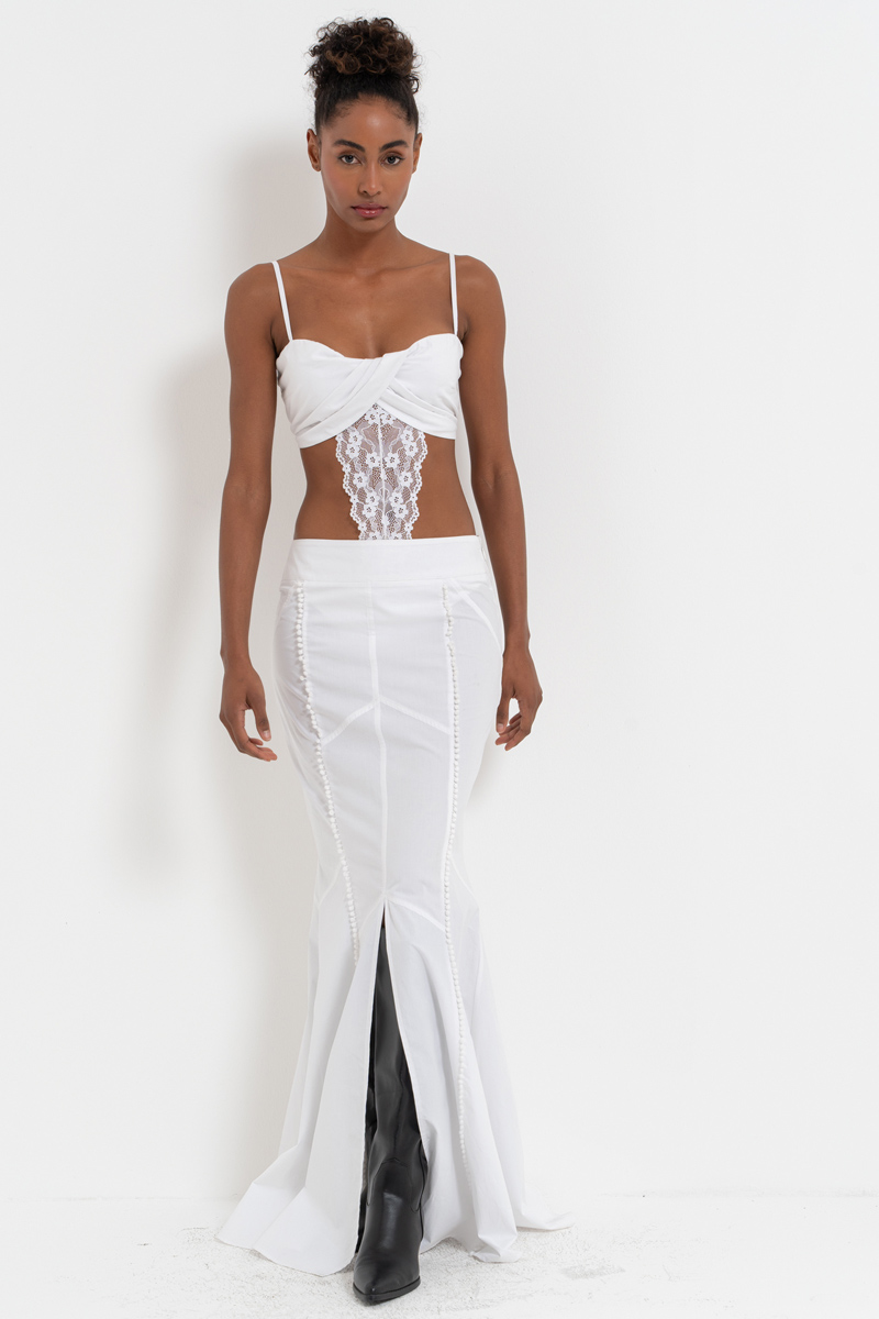 Off white Dantel Detaylı Askılı Bodysuit & Etek Takım