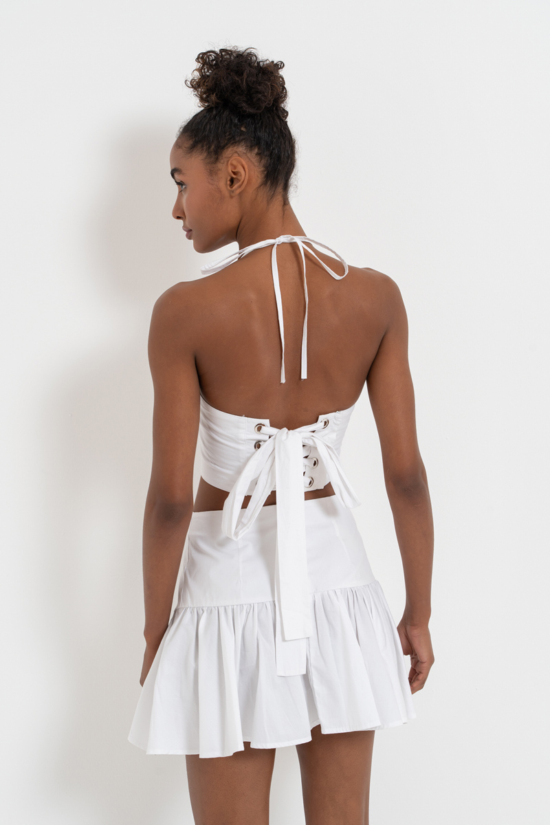 Off white Kurdele Detaylı Büstiyer & Etek Takım