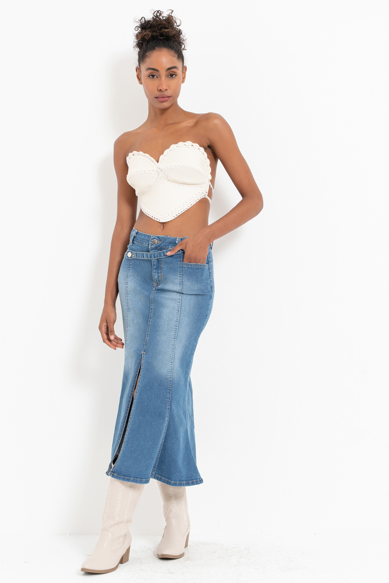 Mavi Parçalı Yırtmaçlı Kot Etek