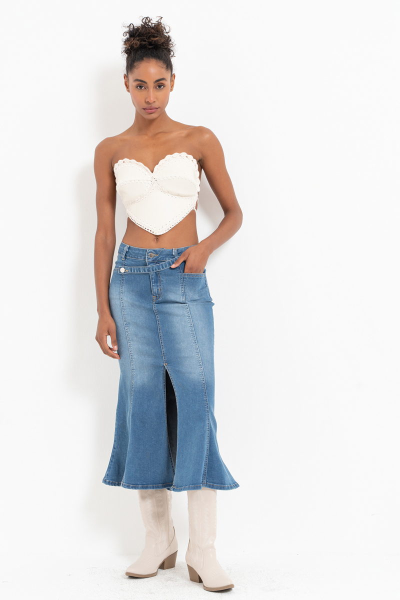 Mavi Parçalı Yırtmaçlı Kot Etek