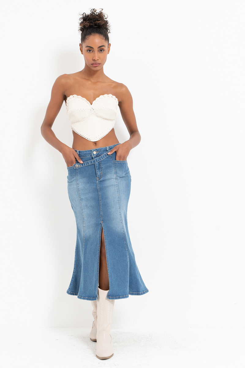 Mavi Parçalı Yırtmaçlı Kot Etek