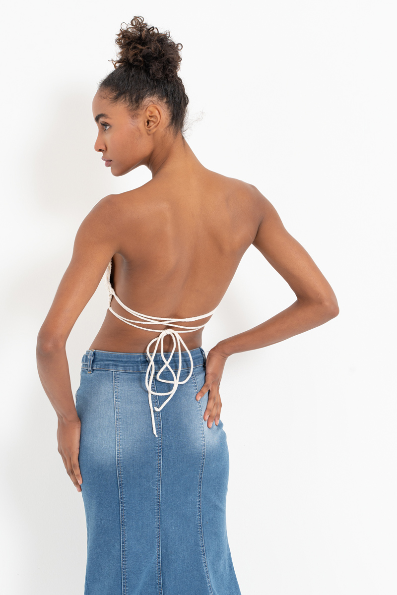 Mavi Parçalı Yırtmaçlı Kot Etek