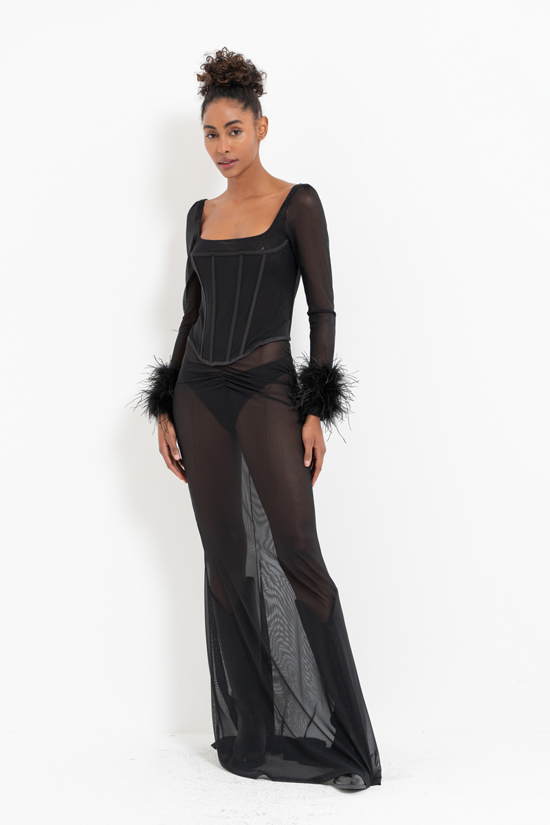 Siyah İçi Şortlu Uzun Tül Etek