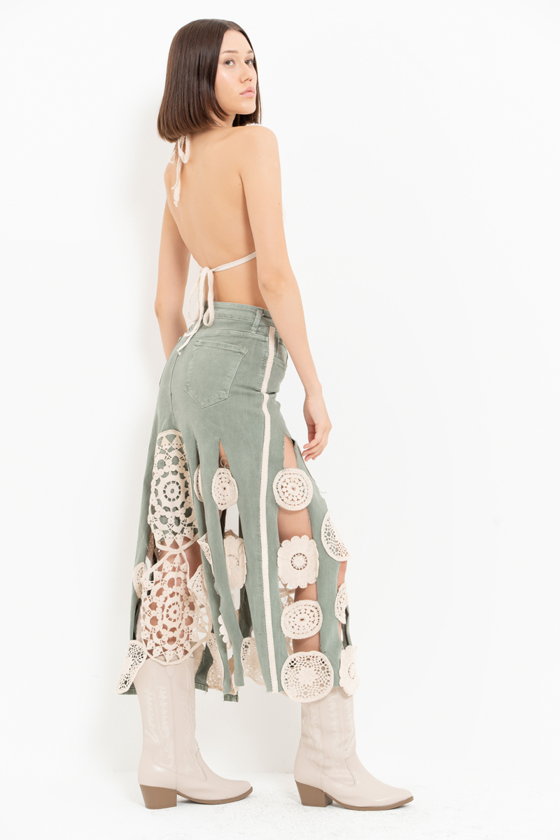 Yeşil Güpür Detaylı Kot Etek