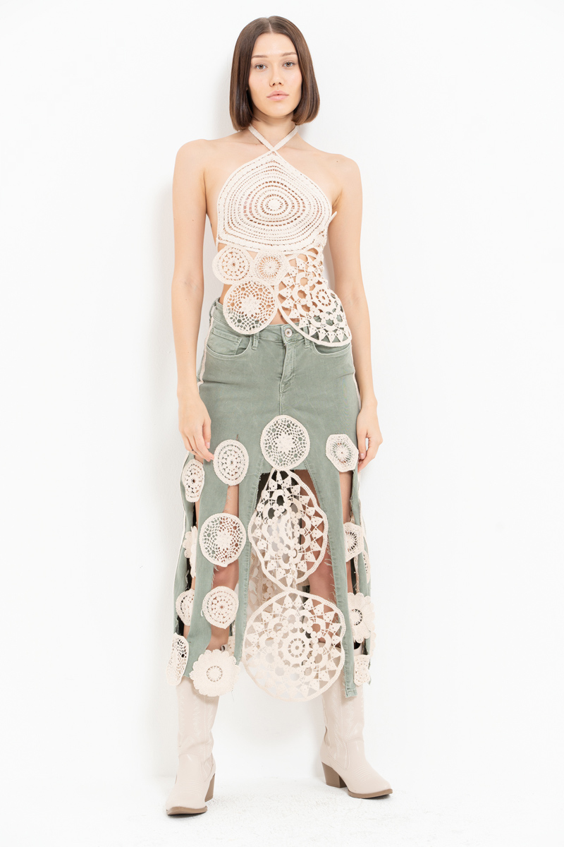 Yeşil Güpür Detaylı Kot Etek