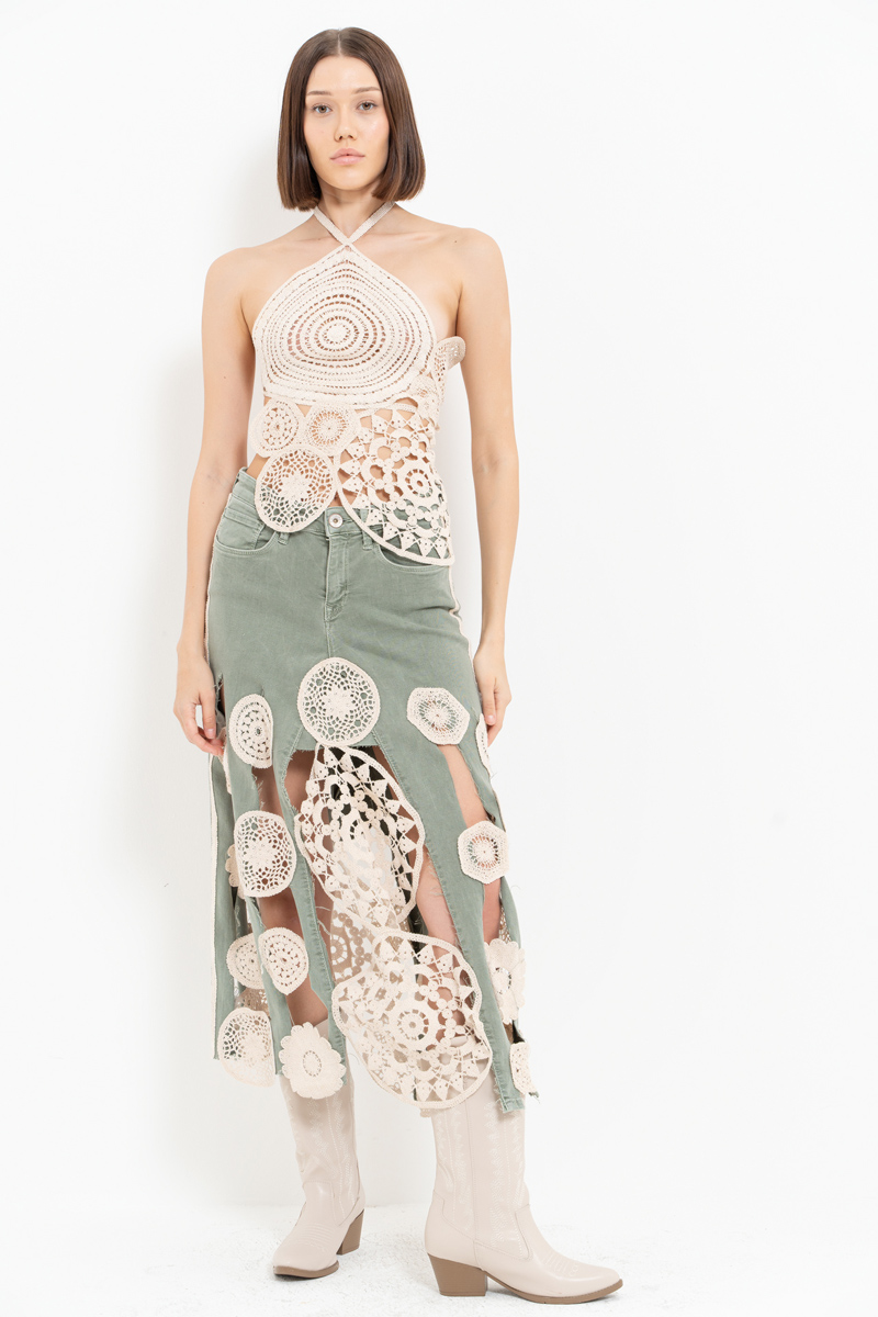 Yeşil Güpür Detaylı Kot Etek