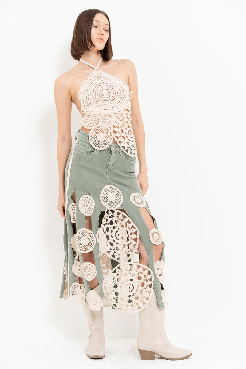 Yeşil Güpür Detaylı Kot Etek