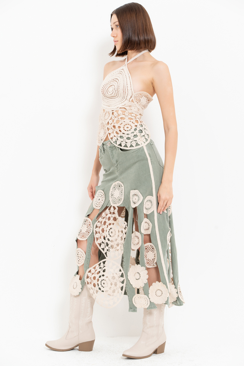 Yeşil Güpür Detaylı Kot Etek