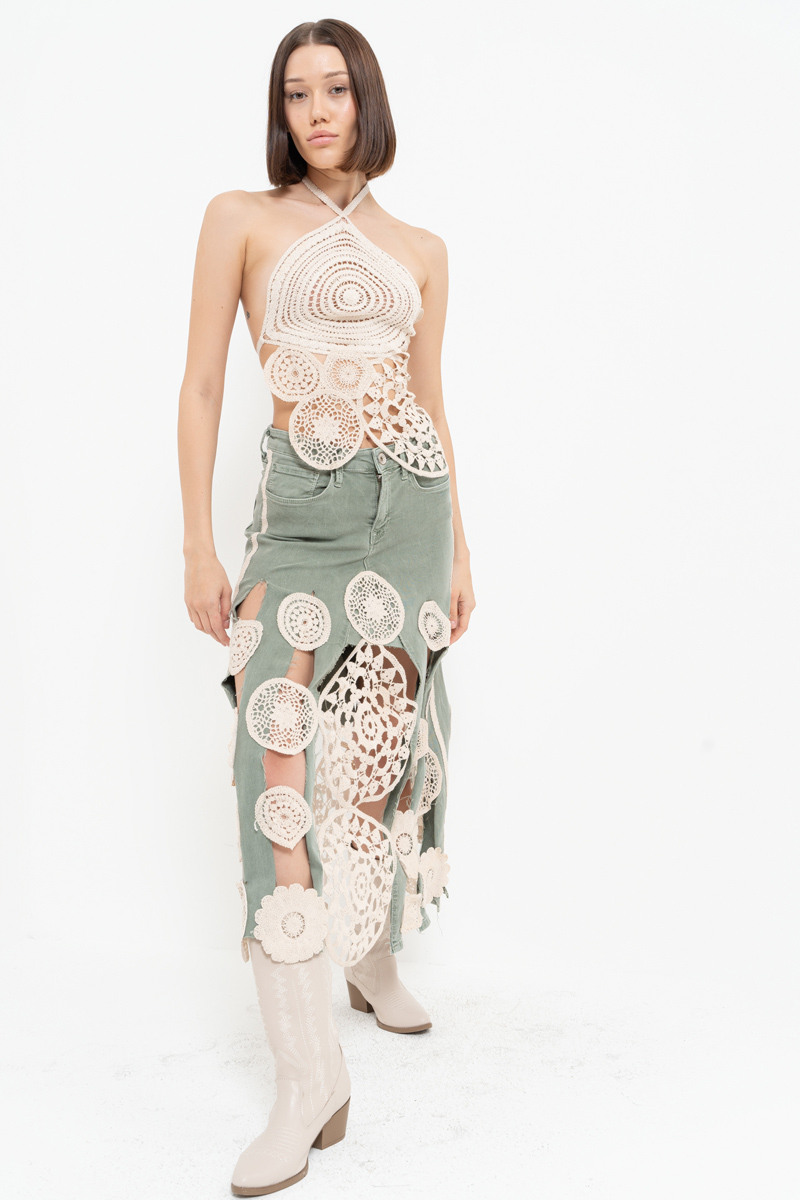 Yeşil Güpür Detaylı Kot Etek