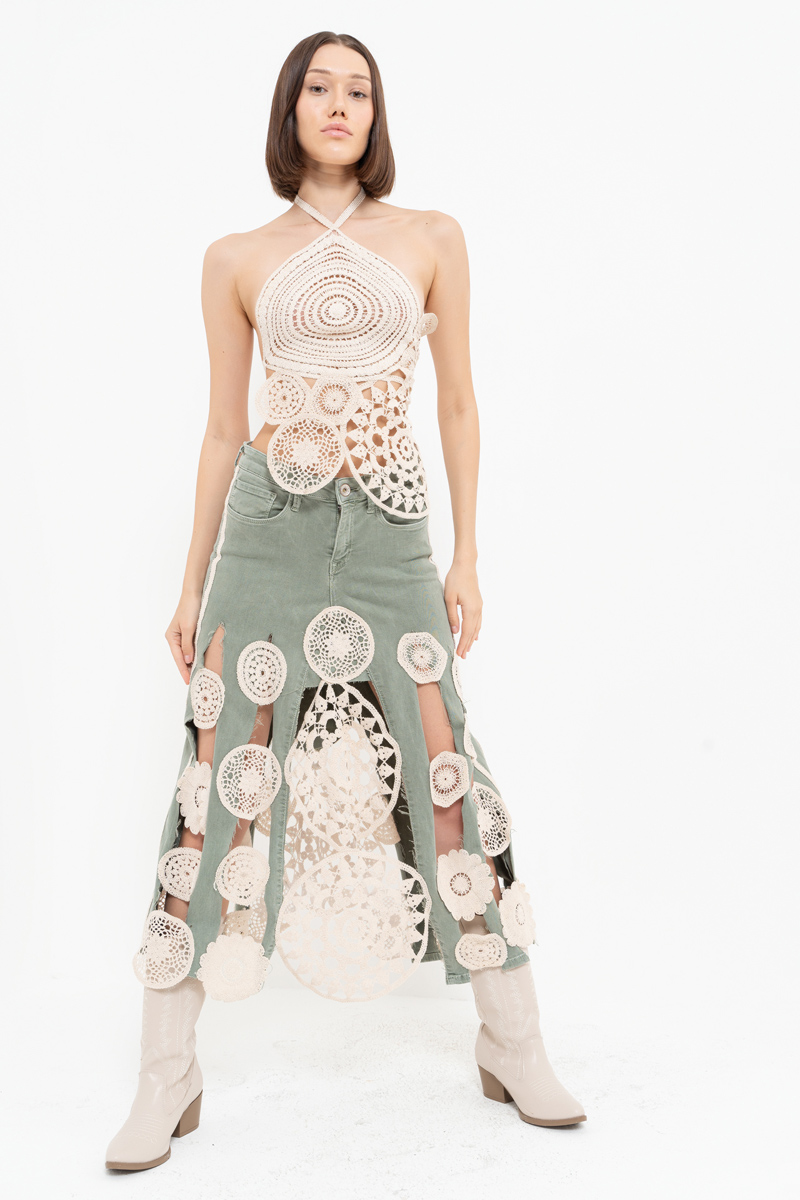 Yeşil Güpür Detaylı Kot Etek