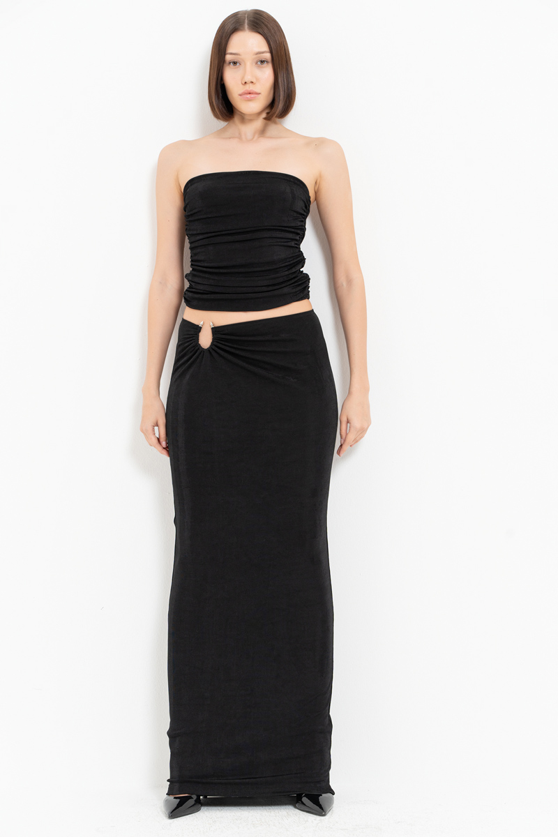 Siyah Straplez Büzgülü Büstiyer & Uzun Etek Takım