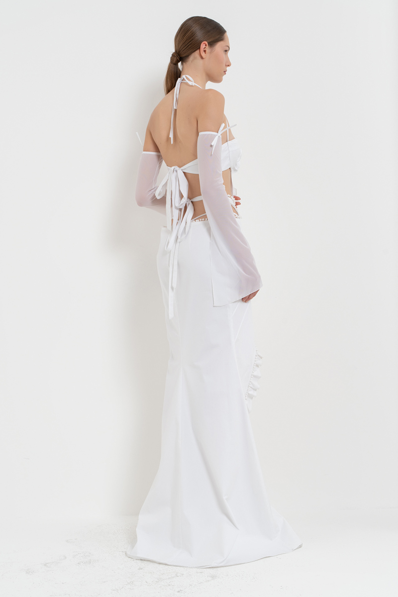 Off white Bağlama Detaylı G-String Bodysuit & Eldiven & Etek Takım