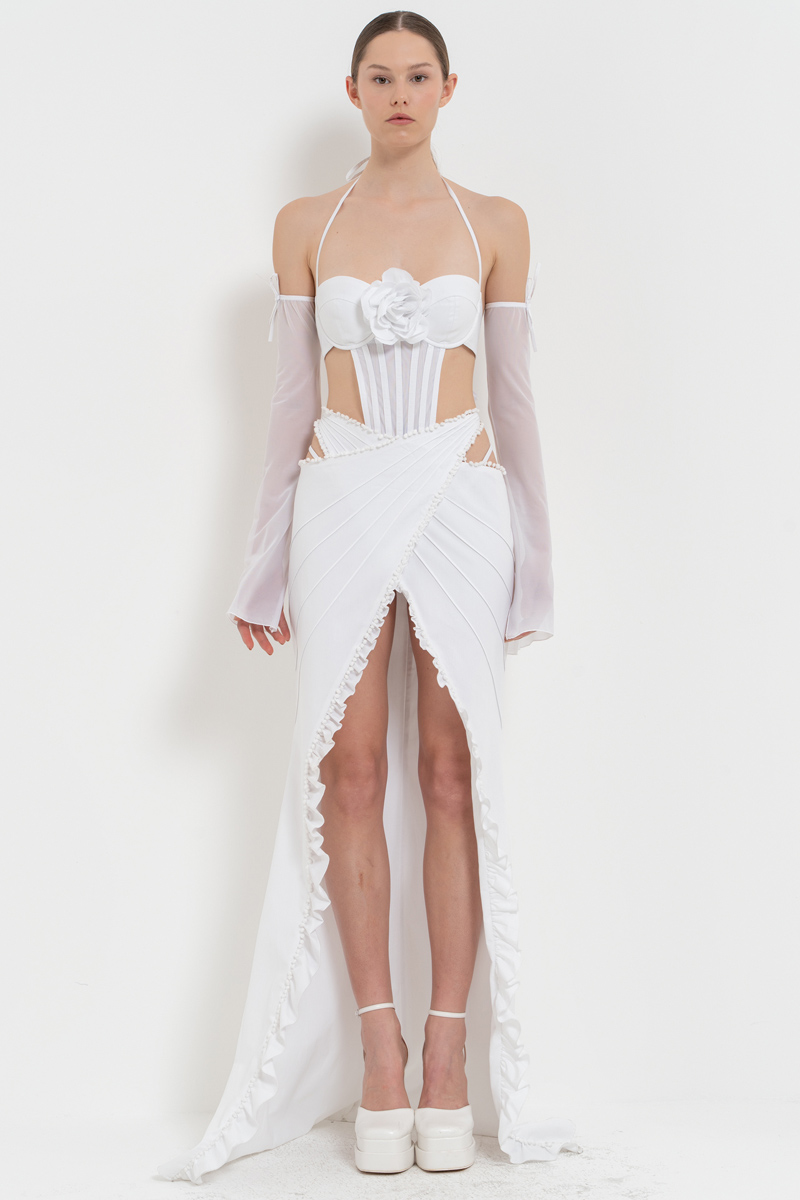 Off white Bağlama Detaylı G-String Bodysuit & Eldiven & Etek Takım