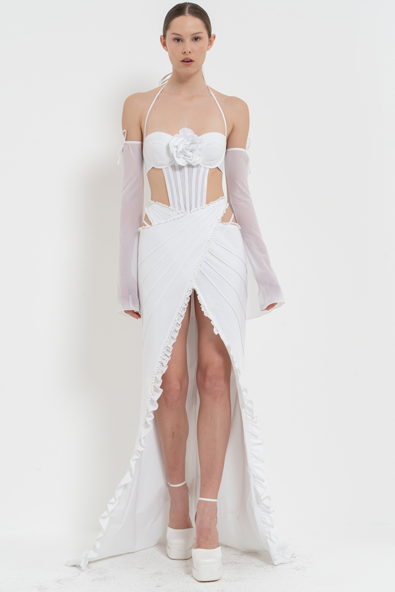 Off white Bağlama Detaylı G-String Bodysuit & Eldiven & Etek Takım