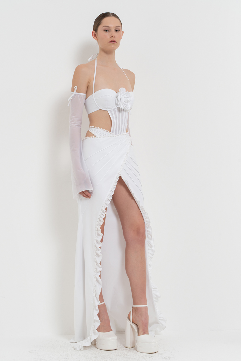 Off white Bağlama Detaylı G-String Bodysuit & Eldiven & Etek Takım