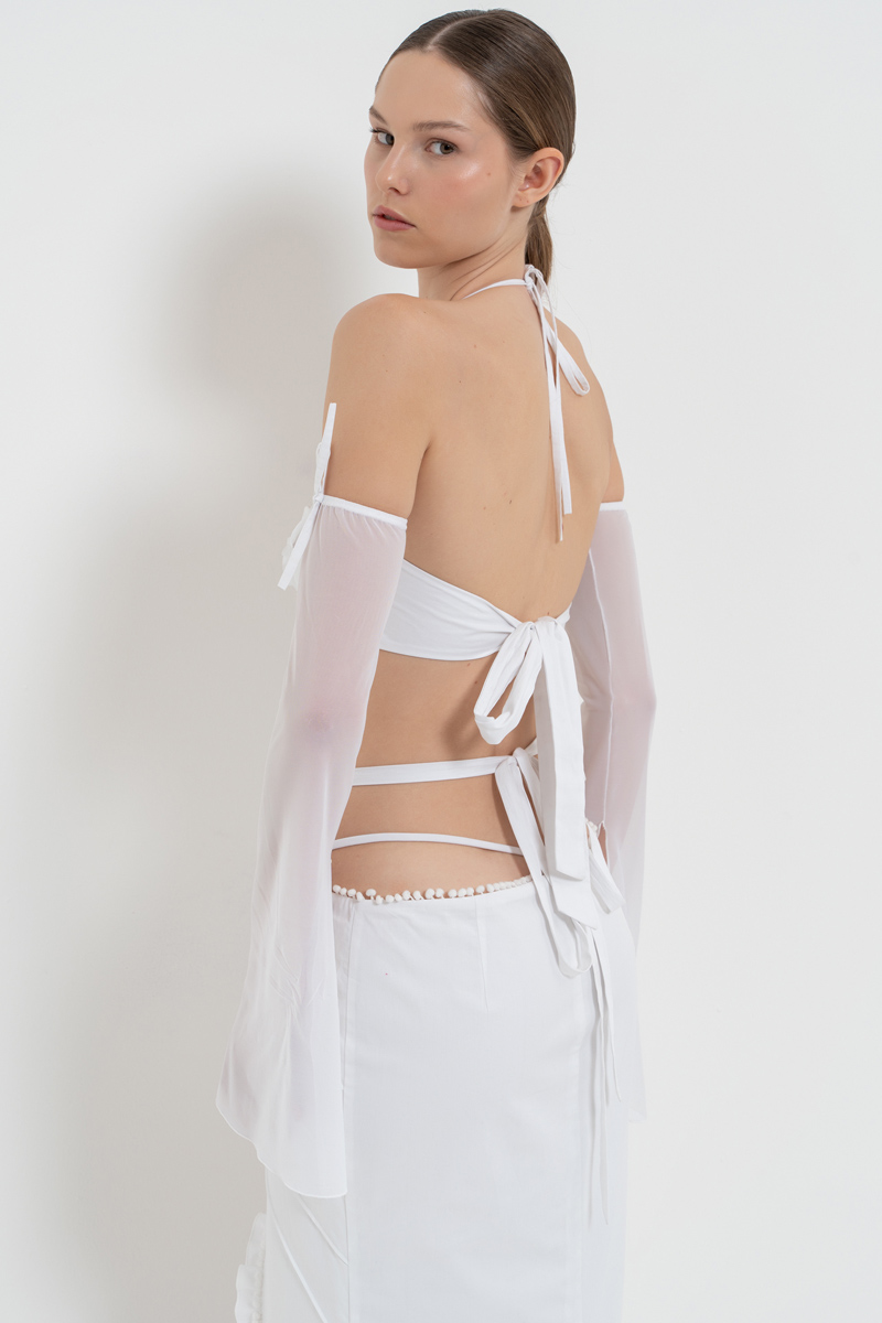 Off white Bağlama Detaylı G-String Bodysuit & Eldiven & Etek Takım