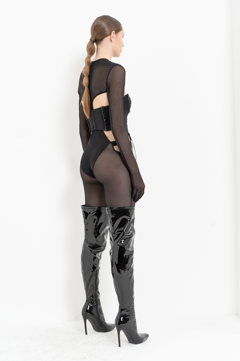 Sheer Black Catsuit with Embellished Top