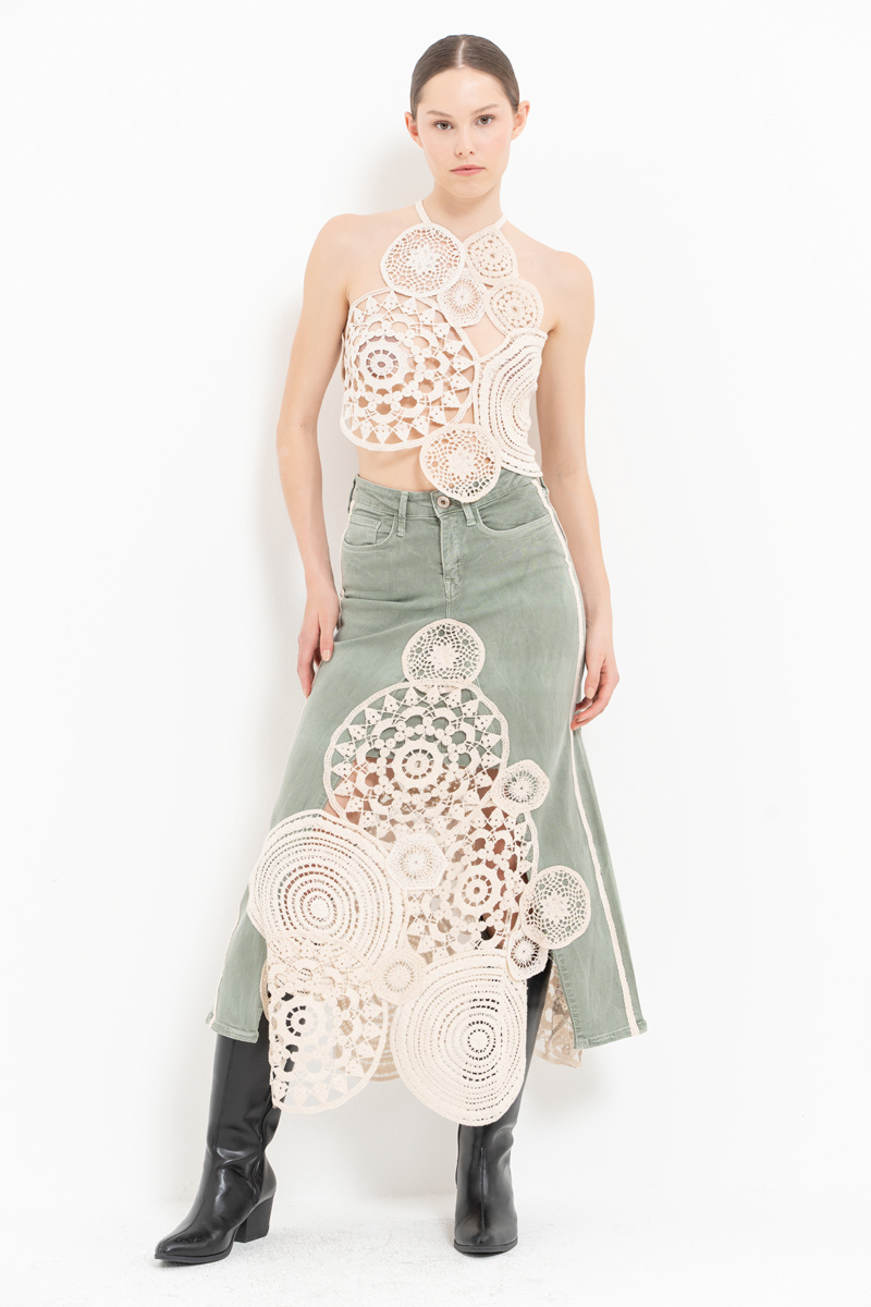 Yeşil Güpür Detaylı Kot Etek