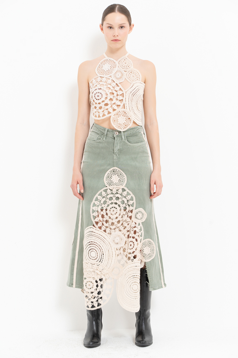 Yeşil Güpür Detaylı Kot Etek