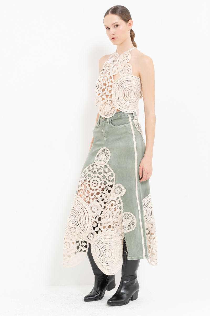 Yeşil Güpür Detaylı Kot Etek