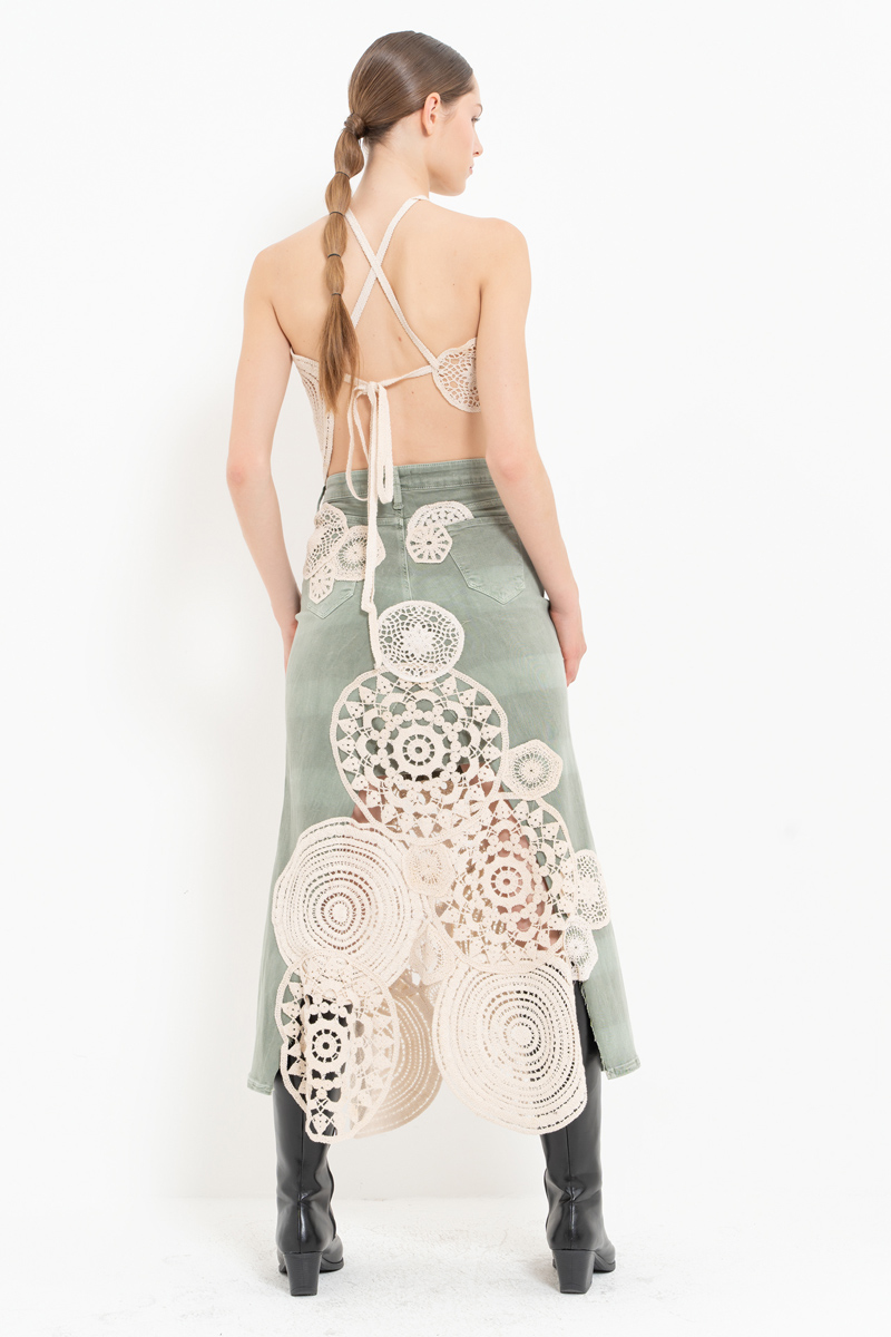 Yeşil Güpür Detaylı Kot Etek